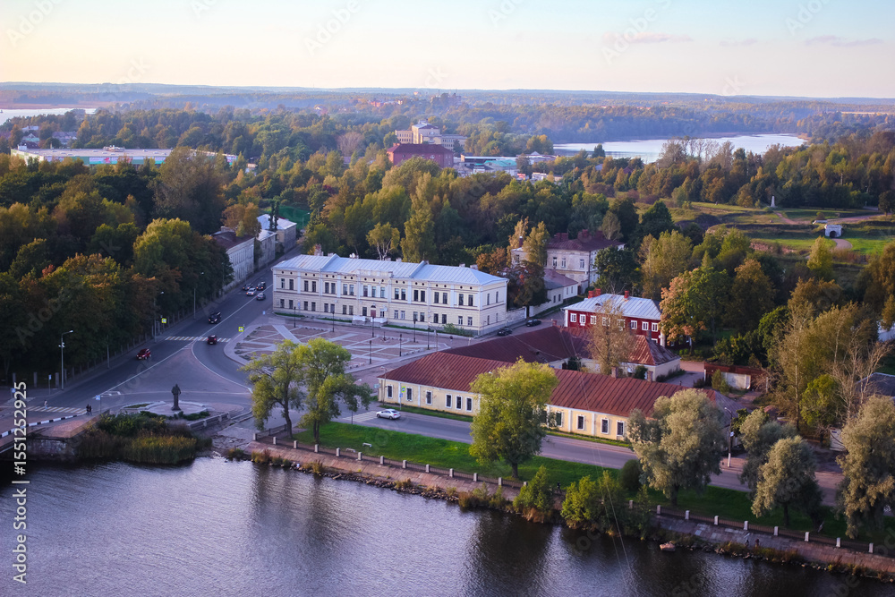 Obraz premium Panoramic view from the top of Vyborg Castle tower with colorful European-style houses and classic architecture. Historic cityscape in the northwest of Russia