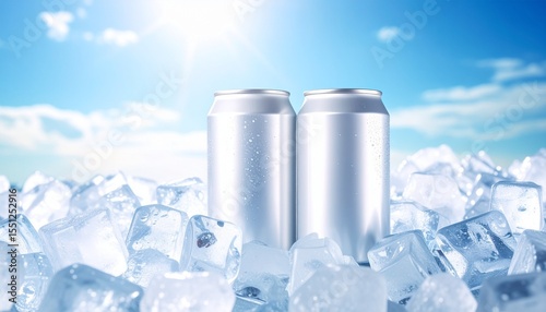 Dos latas de refresco Blancas se encuentran entre brillantes cubitos de hielo, reflejando la luz del sol. El cielo azul brillante crea un fondo veraniego perfecto,