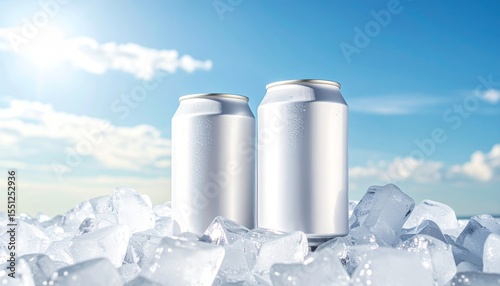 Dos latas de refresco Blancas se encuentran entre brillantes cubitos de hielo, reflejando la luz del sol. El cielo azul brillante crea un fondo veraniego perfecto,