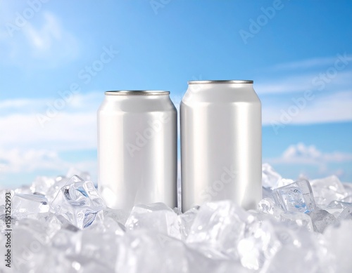 Dos latas de refresco Blancas se encuentran entre brillantes cubitos de hielo, reflejando la luz del sol. El cielo azul brillante crea un fondo veraniego perfecto,