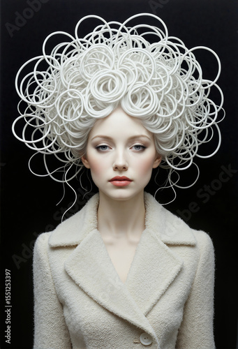 Woman with creative wire hairstyle in winter coat