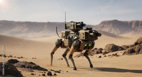 Military robot dog patrolling in a desert landscape