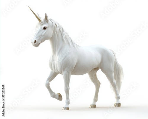 Enchanted Unicorn Stallion Displaying Elegance Against a Pure White Backdrop - 3D Rendered Artistry of Mythical Beauty