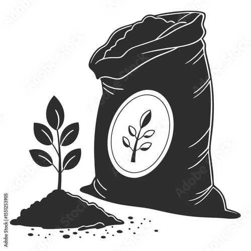 Gardening fertilizer bag with plant seedling isolated on white background