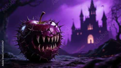 Spiky, fanged apple in a mystical, purple-hued landscape with a distant castle