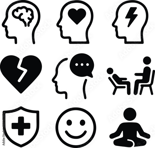 Black Vector Silhouettes of Mental Health and Therapy Icons – Wellness and Psychology Symbol Set on White Background
