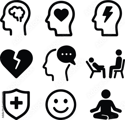 Black Vector Silhouettes of Mental Health and Therapy Icons – Wellness and Psychology Symbol Set on White Background