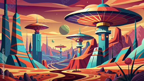 painted cityscape of alien parasol megastructures on a distant planet