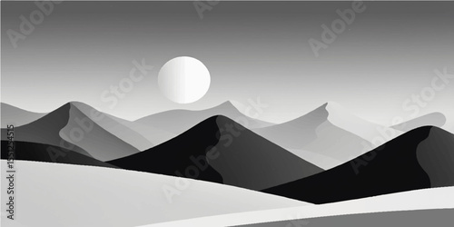 Mountain landscape vector illustration with snow-capped peaks, a cloudy sky, and a serene valley view at sunrise