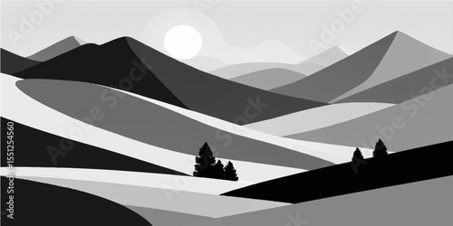 Vector illustration of a mountain landscape with a sunset sky, sun, and trees