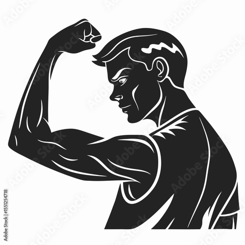 Muscular man flexing bicep silhouette isolated on white background