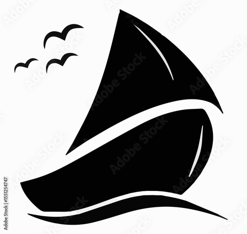 A modern, stylized black silhouette icon of a sailboat on a wave, with three birds flying nearby. The design is simple, dynamic, and suitable for a logo.