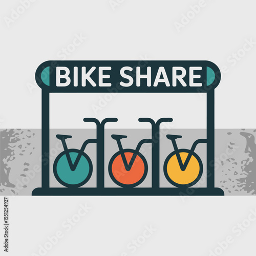 Three Colorful Bikes Parked at a Bike Share Station Teal Orange and Yellow Bicycle Wheels Urban Transportation Illustration