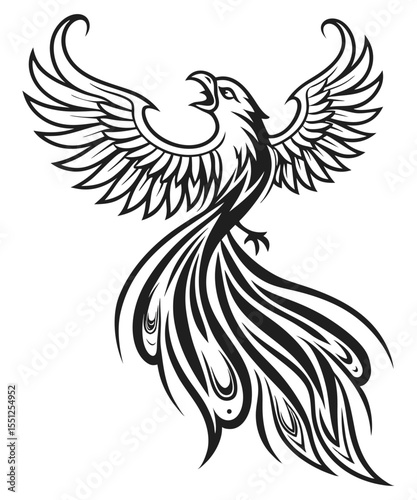 Majestic phoenix tattoo art, mythical firebird illustration with flowing feathers