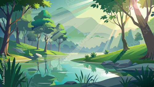 Peaceful lake landscape covered with gentle morning mist, where sun rays softly pierce through the fog and reflect on the calm water surface. Green trees and leaves hang above the lake