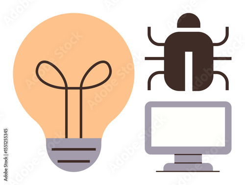 Light bulb next to a bug and computer representing innovation, software debugging, tech issues, troubleshooting, programming, creative solutions. Ideal for innovation, software development, IT