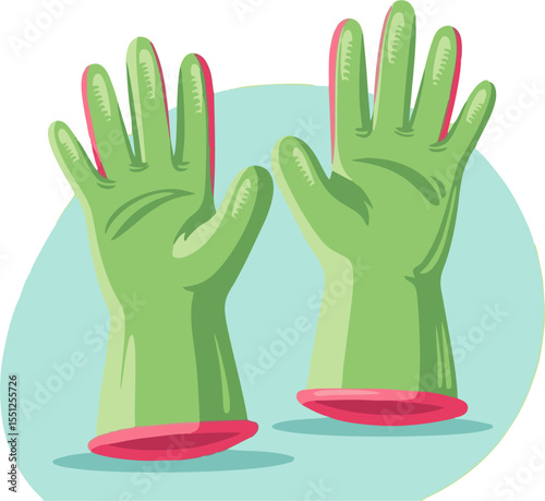 Two cartoonish green rubber gloves with pink cuffs, fingers pointing upwards