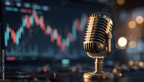 Retro glowing microphone with blue stock market chart background. Podcast audio recording radio report concept.