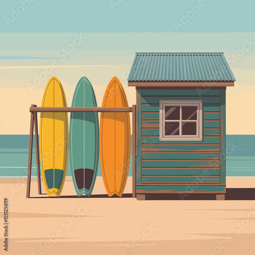 Three Surfboards Resting on a Rack Next to a Teal Wooden Beach Hut on a Sandy Beach Under a Calm Sky