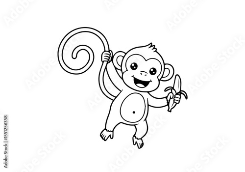 Funny Kawaii Monkey with Banana Isolated Vector Coloring Page for Kids