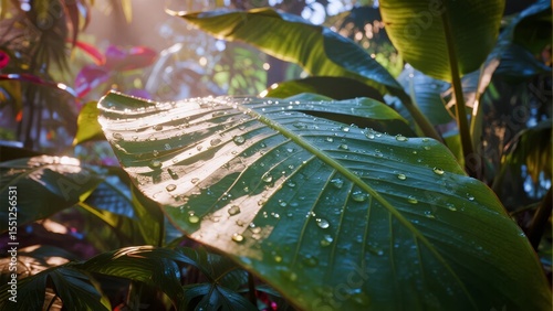 Sunlit Raindrops on Tropical Leaf