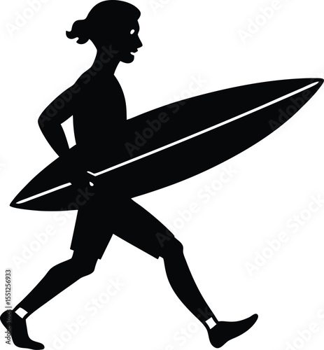 Black Silhouette Surfer Carrying Surfboard Walking Side Profile surfing