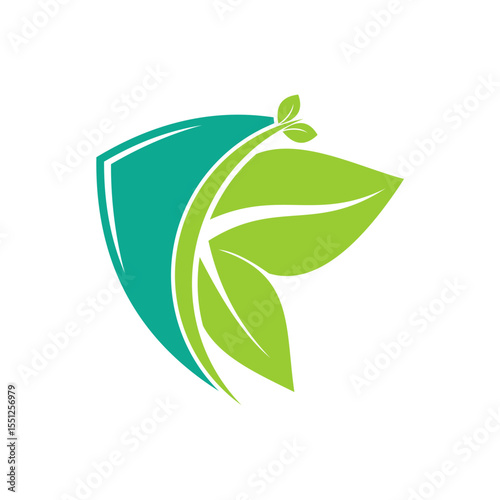 Green leaf and shield combination vector logo