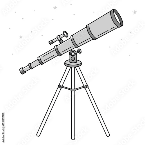 A refracting telescope on a tripod against a starry background