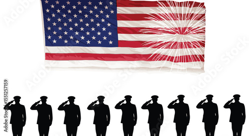 American flag with soldier silhouettes and fireworks celebration isolated on a white background