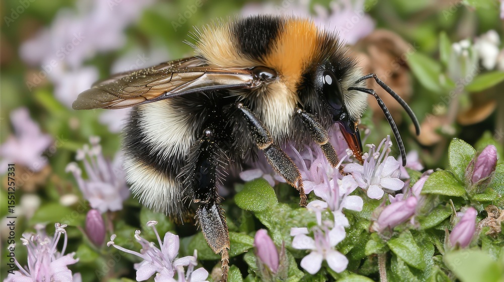 Bumblebee collecting nectar from purple flowers in a lush garden during a sunny spring day Bumblebee collecting nectar from purple flowers in a lush garden during a sunny spring day