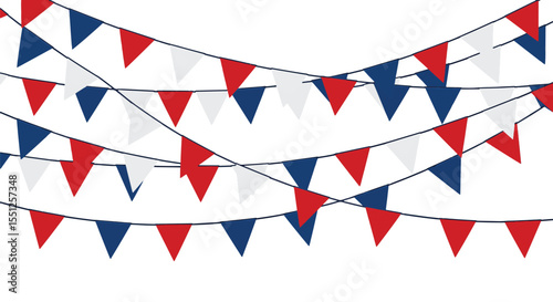 Multiple rows of American patriotic bunting garlands with festive colors isolated on a white background