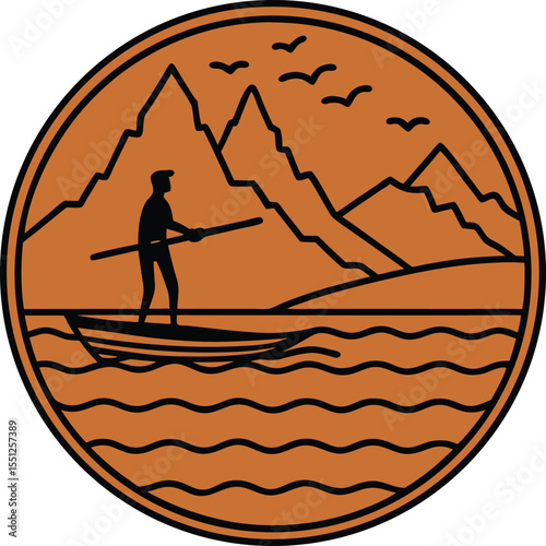 Brown Oval Illustration Man Rowing Boat Mountain Lake Birds Silhouette vector