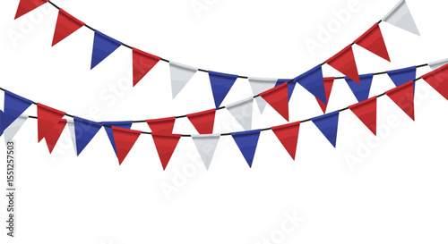 Two strands of red white and blue triangle bunting flags for USA celebration isolated on a white background