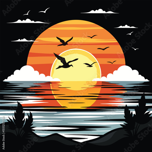 Orange Sunset over Calm Ocean Silhouette Birdscape Coastal Scene Dark Night Sky landscape
