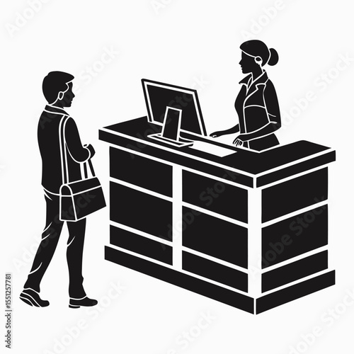 Customer service desk interaction a simple black and white illustration