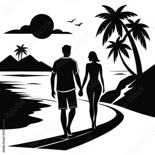Silhouette Couple Walking Beach Path Tropical Sunset Palm Trees Ocean vector