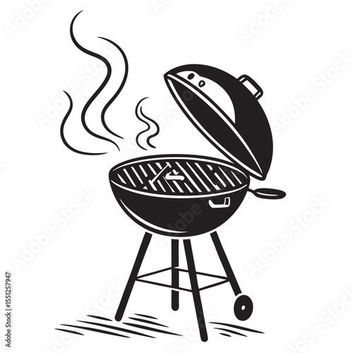 Black and white illustration of a kettle grill with food cooking