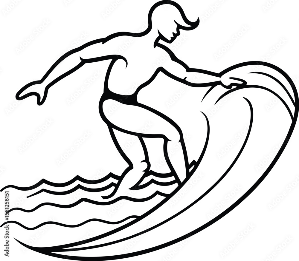 Naklejka premium Surfer Riding Ocean Wave Black Line Art Illustration Male Athlete Summer Sport Activity