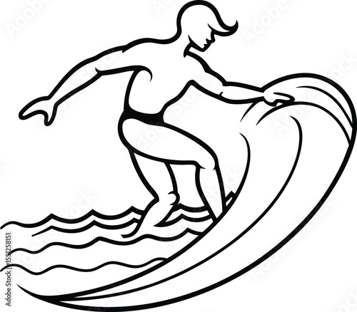 Surfer Riding Ocean Wave Black Line Art Illustration Male Athlete Summer Sport Activity