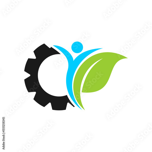 Abstract people with green leaf and gear wheel vector logo