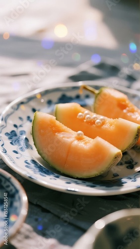 Slices of cantaloupe melon arranged on a blue and white floral plate