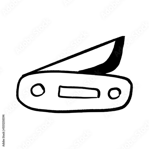 Folding Knife Vector Illustration Hand-Drawn Style Black and White. Simple Doodle for Camping, Survival, Outdoor, and Utility Concepts