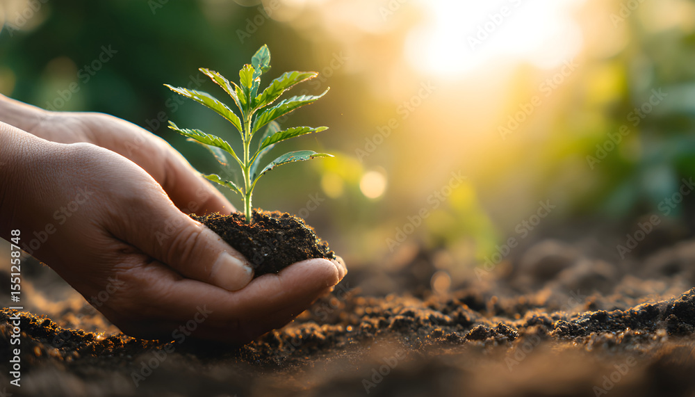 Fototapeta premium Hands carefully plant seedling in fertile soil. African person nurtures new life, growth in agriculture. Green sprout, fresh plant, care.