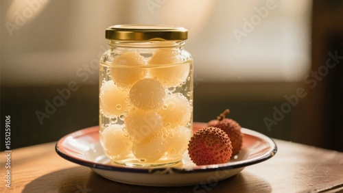 Lychee Fruits in a Glass Jar with Whole Lychees on a Plate