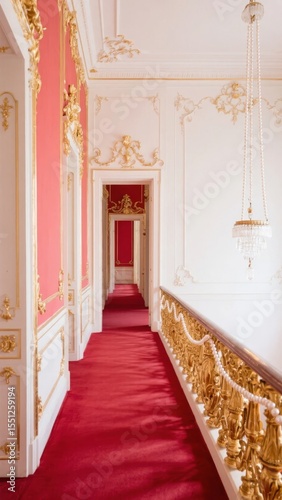 Elegant Hallway with Red Carpet and Ornate Gold Decorations