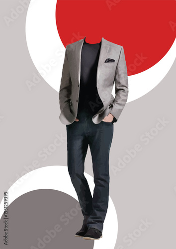 025-12-Invisible businessman is walking with hands in pockets, wearing gray jacket, black shirt and dark jeans. Hand drawn illustration
