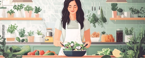 Eat healthy food for good wellness health concept. Woman cooking a fresh salad with organic vegetables,  a nutritious lifestyle., Generative AI