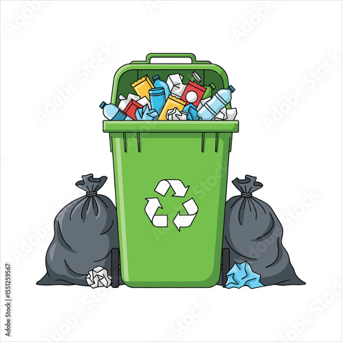 Recycling Bin Overflowing with Mixed Waste Art & Illustration