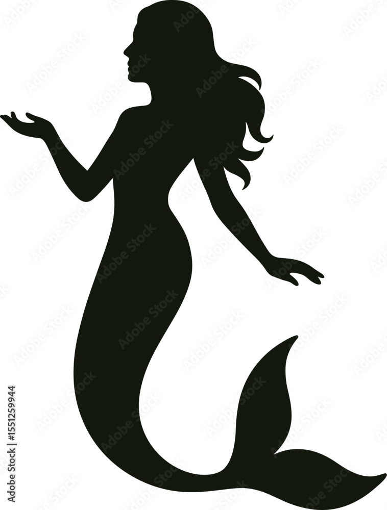 Obraz premium Long-Haired Mermaid Silhouette Vector - Fantasy Sea Art