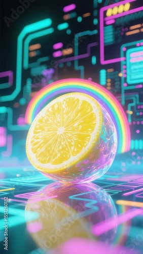 A vibrant lemon slice encased in a transparent sphere, set against a neon-lit, futuristic background with rainbow hues.